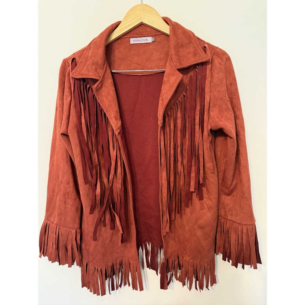 Misslook Jacket‎ Faux Suede Fringe Women's L Western Rust Orange Festival